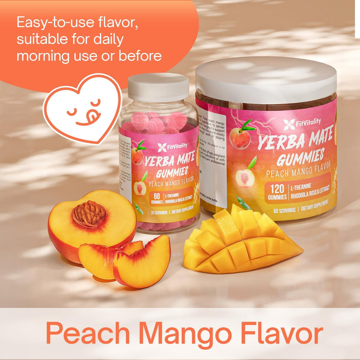 Yerba Mate Gummies – Super Focus & Energy Support – Formulated with Yerba Mate Extract, L-Theanine, Rhodiola, Ginseng, Choline, B12 – Peach Mango Flavor