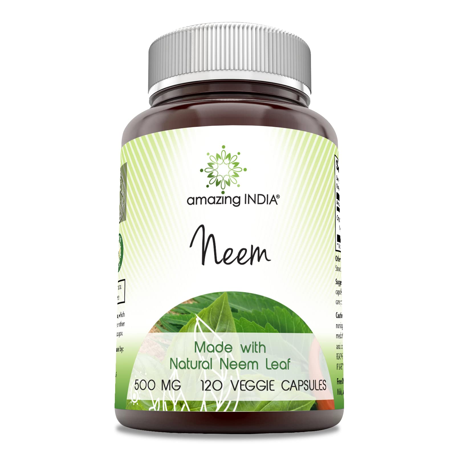 Amazing India Neem (Made with Natural Neem Leaf) Supplement | 500 Mg Per Serving | 120 Veggie Capsules | Non-GMO | Gluten Free |