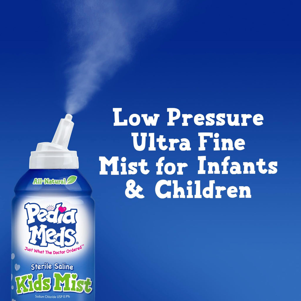 Pedia Meds Sterile Saline Kids Nasal Spray, Ultra Fine Mist, Instantly Moisturizes and Relieves Nasal Congestion, Safe for Newbo