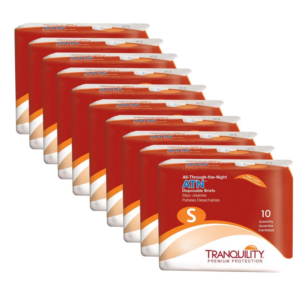 Tranquility ATN Adult Disposable Briefs, Refastenable Tabs with All-Through-The-Night Protection, S (24-32) - 10ct (Case of 10)