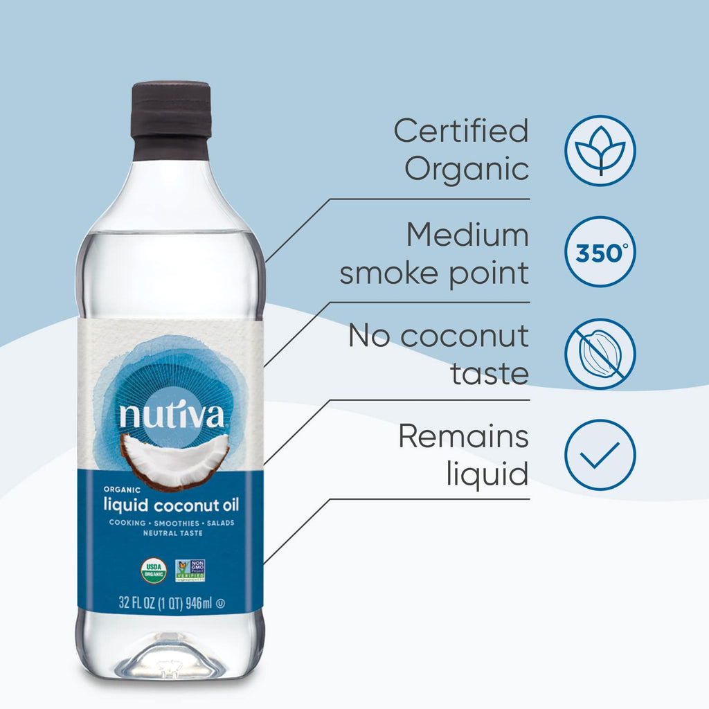 Nutiva Organic Liquid Fractionated Coconut Oil 32 Fl Oz - USDA Organic, Non-GMO. Edible, Pure Coconut Oil for Cooking, Moisturiz