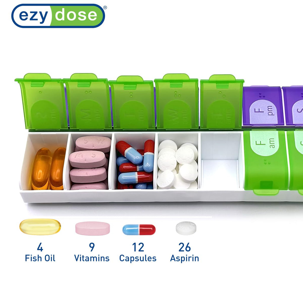 EZY DOSE Weekly (7-Day) Pill Case, Medicine Planner, Vitamin Organizer Box, Daily Planner, 2 Times a Day, AM PM, Large Compartme