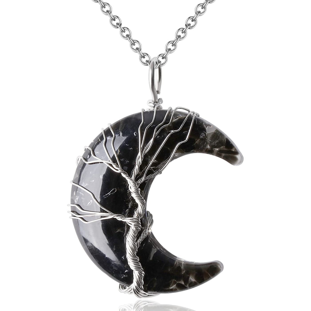 MAIBAOTA Black Obsidian Necklace Healing Crystal Stones Tree Life Wire Wrapped Crescent Moon Phase Pendant Necklace Mothers Day 