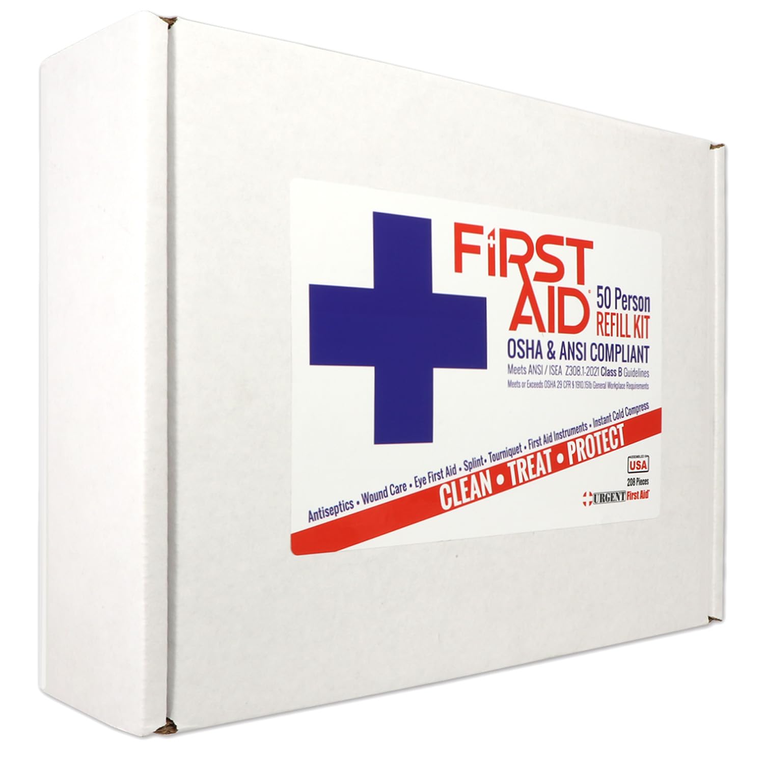 OSHA & ANSI First Aid Kit Refill/Upgrade, 50 Person, 208 Pieces, ANSI 2021 Class B - Includes Splint, Tourniquet, Tools, Single