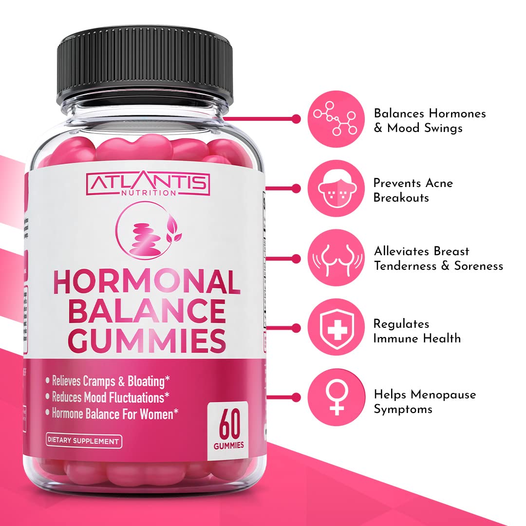 Atlantis Nutrition Hormonal Balance for Women & PMS Relief Gummies - Alleviates Cramps, Bloating, Mood Swings, Hot Flashes & Nig