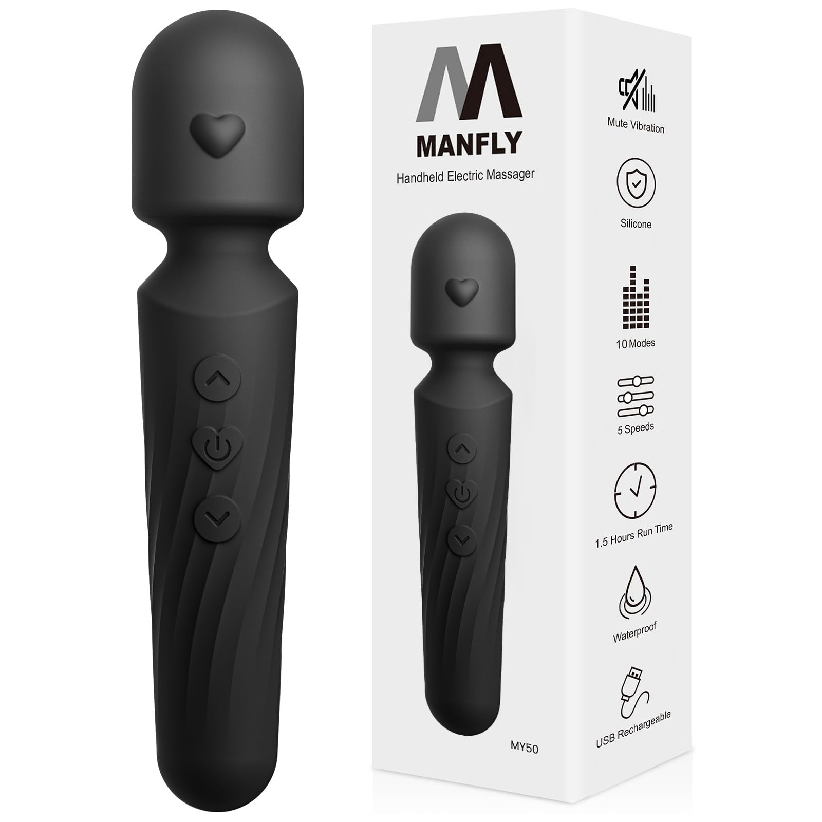 Electric Travel Massager, 10 Modes 5 Speed Powerful Silent Waterproof Handheld Neck Muscle Massage Tool (Black)