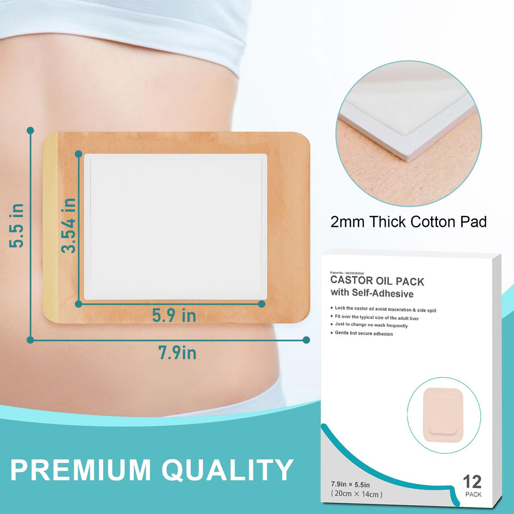 12Pcs Castor Oil Pack Wrap for Liver, Stomach, Belly Button | 7.9 *5.5  Organic Cotton Pads | Highly Absorbent Self-Adhesive Dis