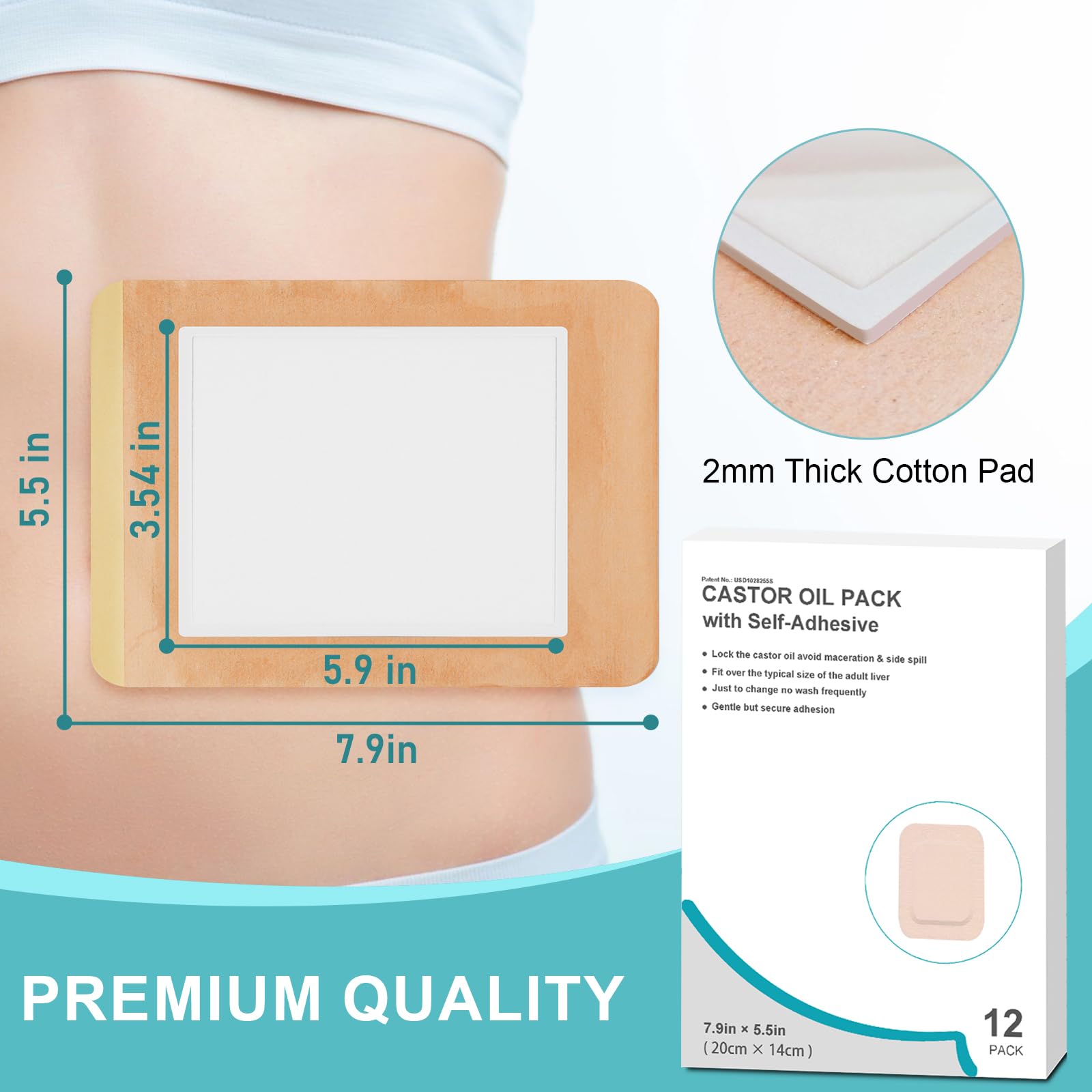 12Pcs Castor Oil Pack Wrap for Liver, Stomach, Belly Button | 7.9 *5.5  Organic Cotton Pads | Highly Absorbent Self-Adhesive Dis