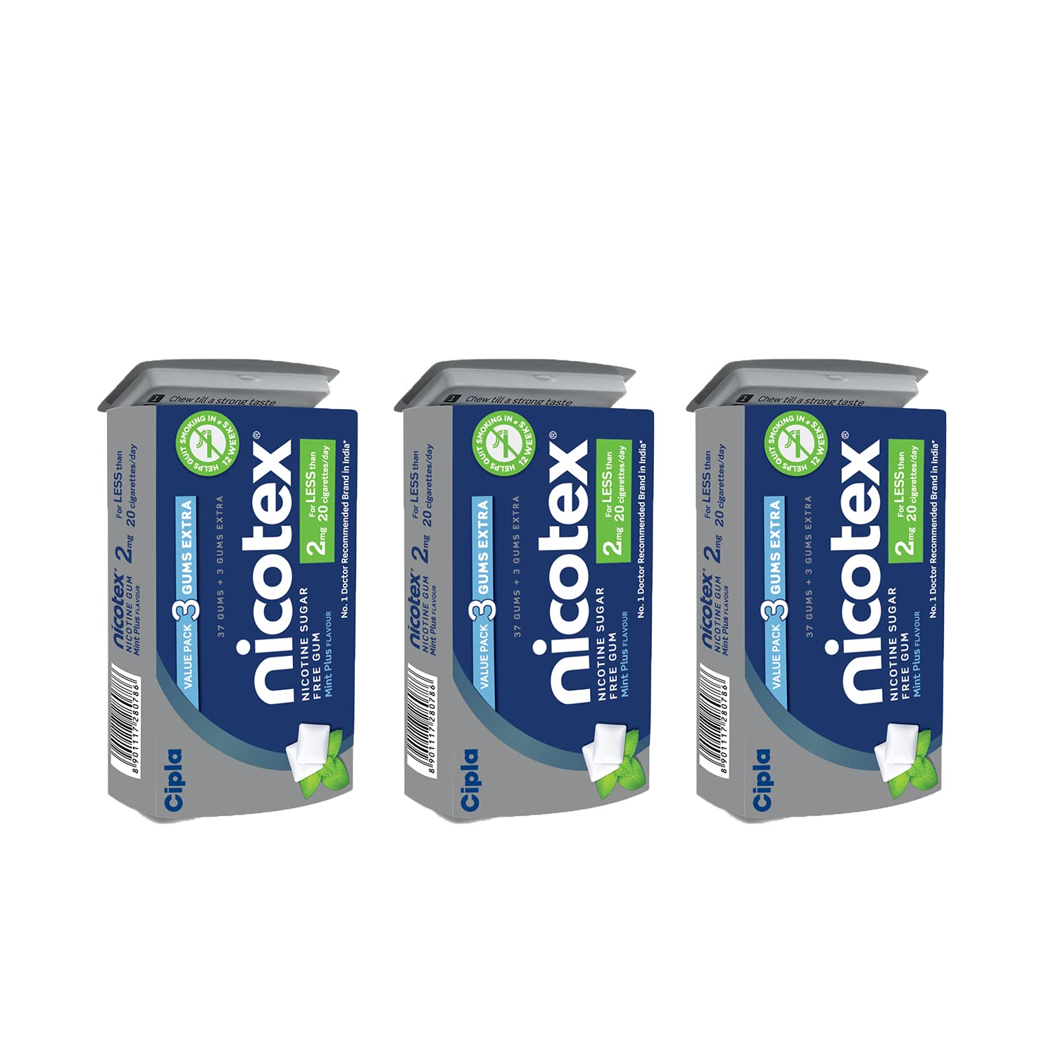 Cipla Nicotex Nicotine Sugar Free Mint Plus Gums 2Mg | Helps To Quit Smoking | WhoApproved Therapy | 40 Gums Per Tin | Pack Of 