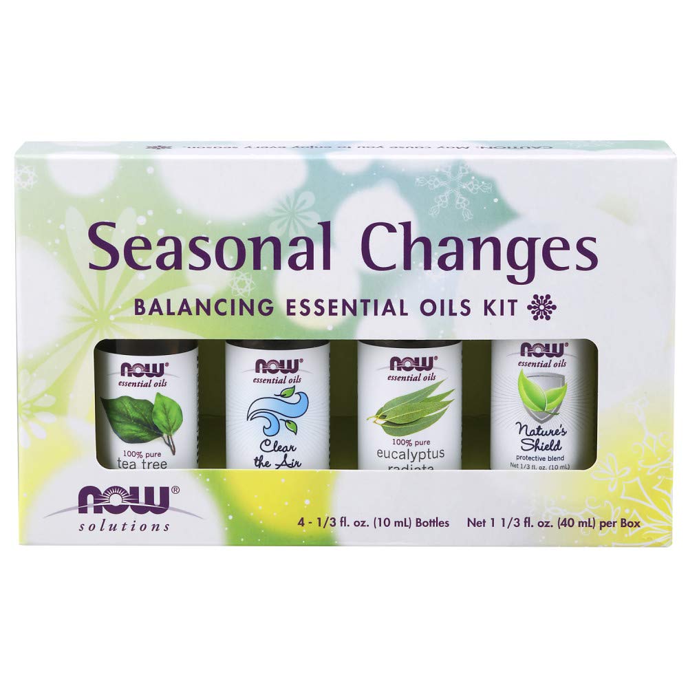 NOW Essential Oils, Seasonal Changes Balancing Aromatherapy Kit, 4x10ml Including Tea Tree, Eucalyptus Radiata, Clear the Air an