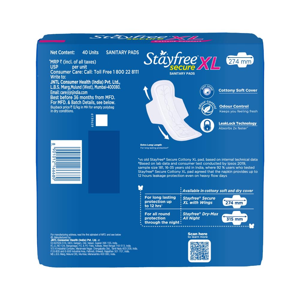 Stayfree Secure Extra Large Cottony Soft Cover Sanitary Pads for Women with Wings, 40 Pads