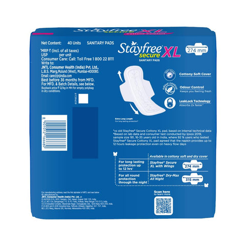 Stayfree Secure Extra Large Cottony Soft Cover Sanitary Pads for Women with Wings, 40 Pads