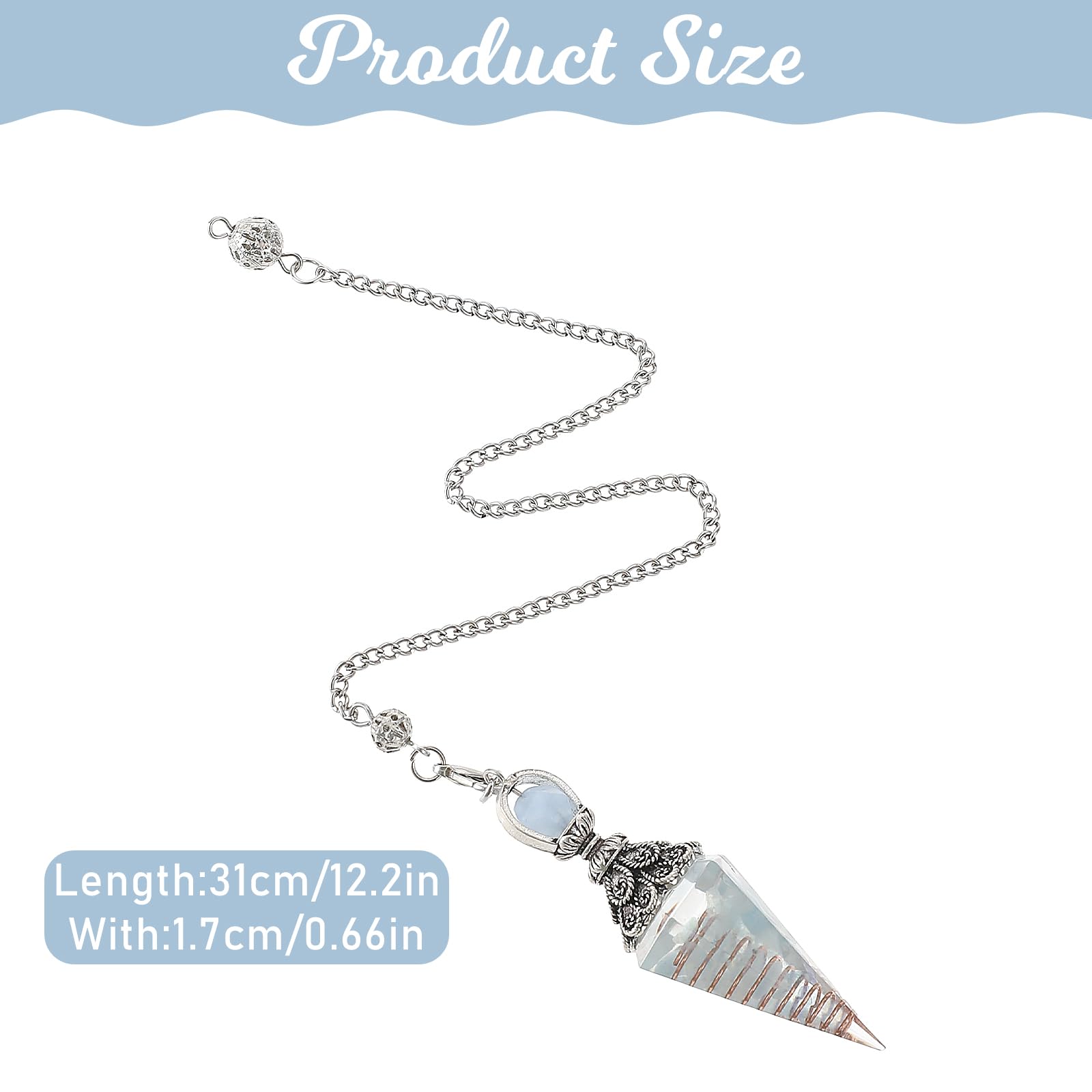 COMNICO Healing Crystal Pendulums, Aquamarine Spiritual Hexagonal Pointed Cone Resin Pendants with Chain, Divination Dowsing Too