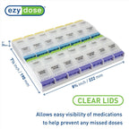 EZY DOSE Weekly (7-Day) Pill Case, Medicine Planner, Vitamin Organizer Box, 4 Times a Day, X-Large Push-Button Compartments, Con