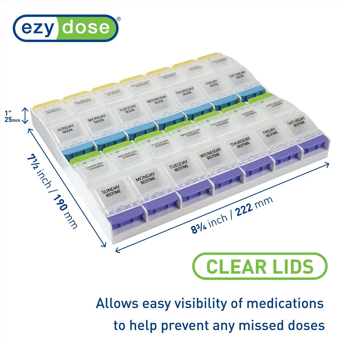 EZY DOSE Weekly (7-Day) Pill Case, Medicine Planner, Vitamin Organizer Box, 4 Times a Day, X-Large Push-Button Compartments, Con