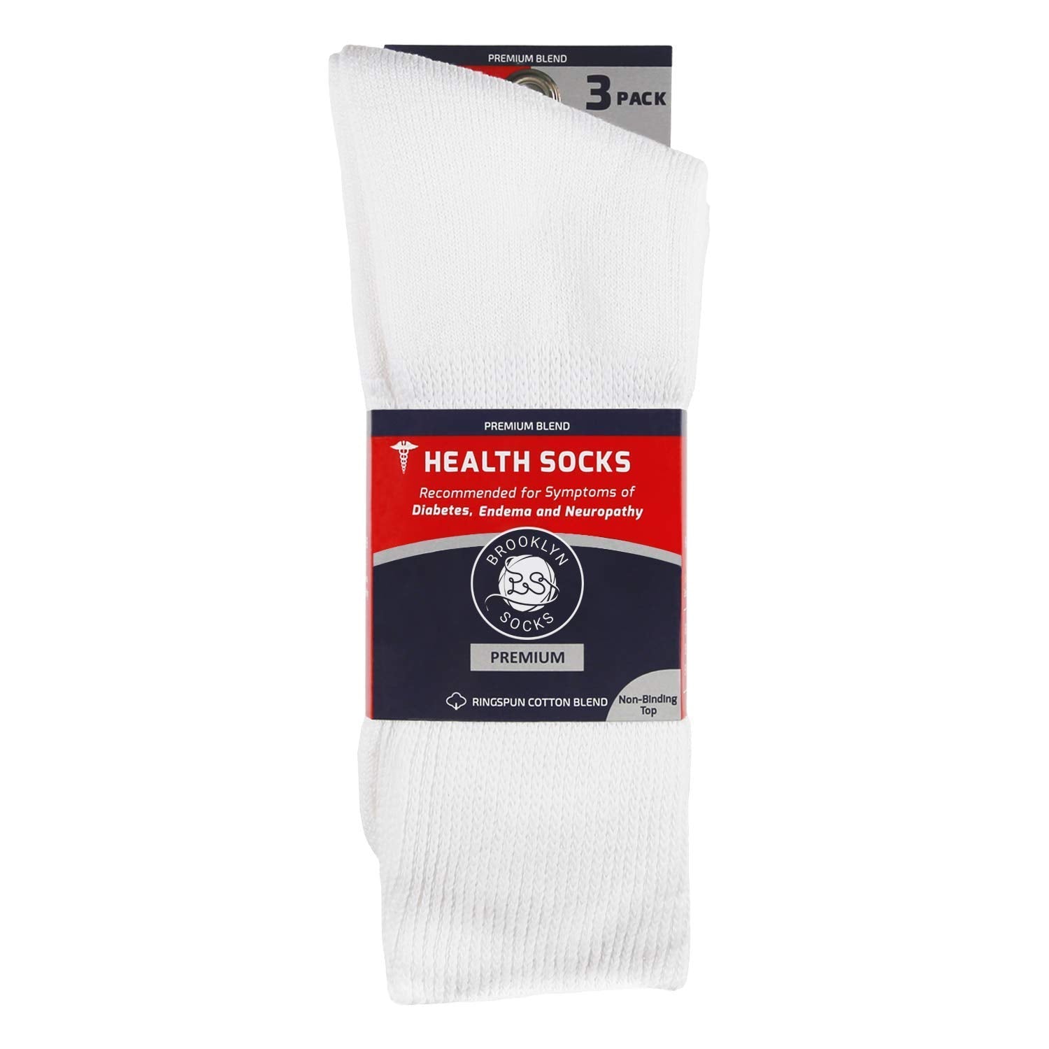 3 Pairs of Premium Cotton Loose Top Diabetic Neuropathy Crew Socks (9-11, White)