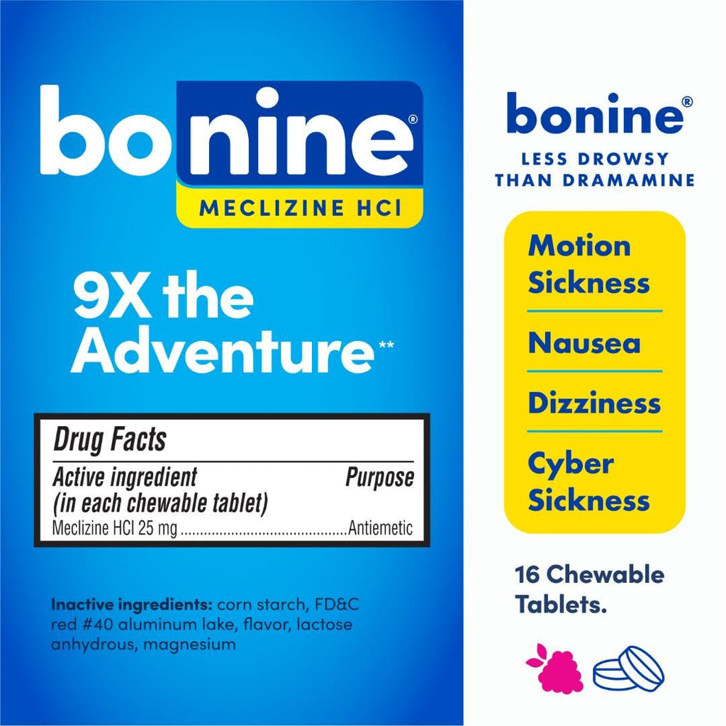Non-Drowsy Bonine for Motion Sickness Relief, Sea Sickness, Car Sickness, Nausea, & Vomiting - Meclizine HCI 25mg, Travel-Sized