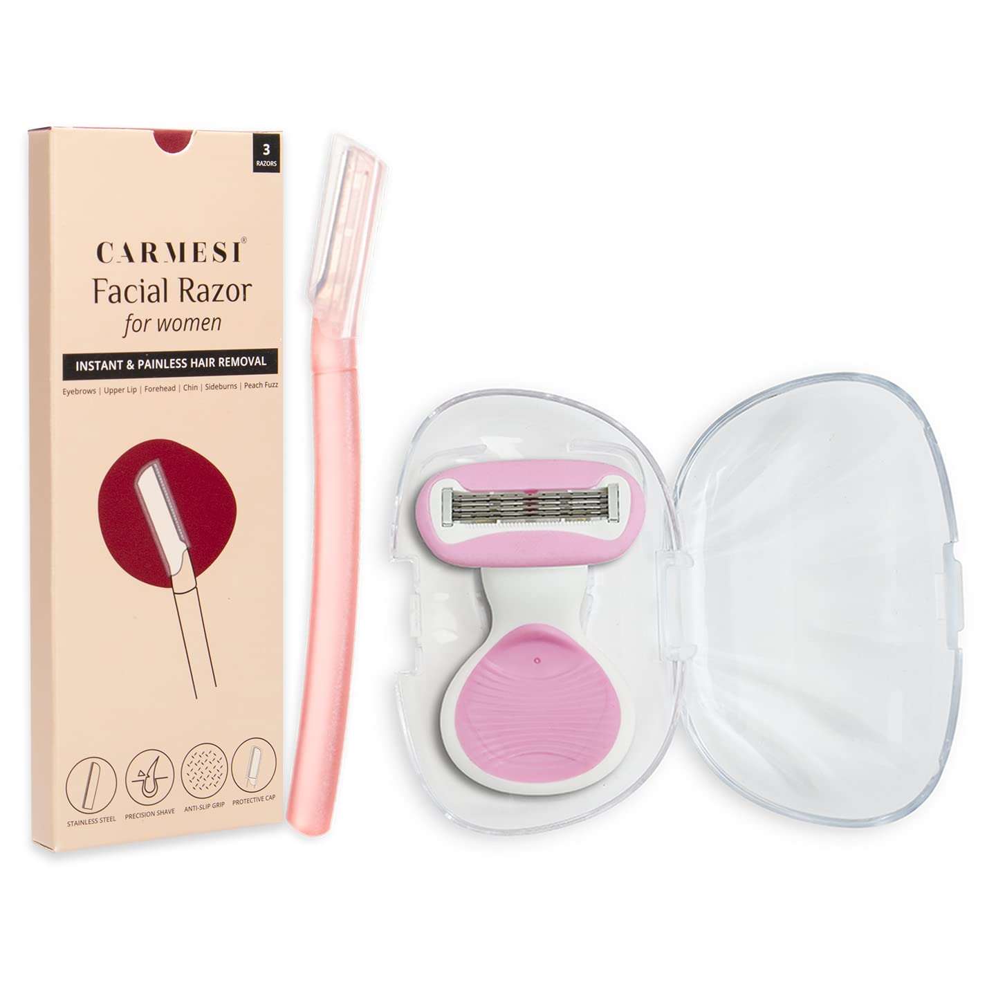 Carmesi Women Facial & Body Razor Combo | Pack Of 3 Facial Razors And Pack Of 1 Body Razor | Instant & Painless Hair Removal | P