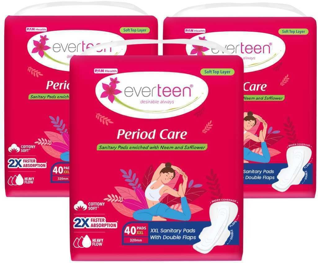 Everteen Xxl Soft Sanitary Pads For Women, Rash Free, Anti Tan, Skin Friendly, Double Wing Shape, Advanced Leak Protection, Xx L