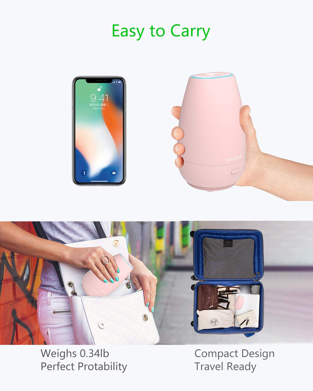 SOICARE Car Diffuser,Small Portable Car Essential Oil Diffuser with Built-in USB Cable,Mini Aromatherapy Diffuser for Travel/Off