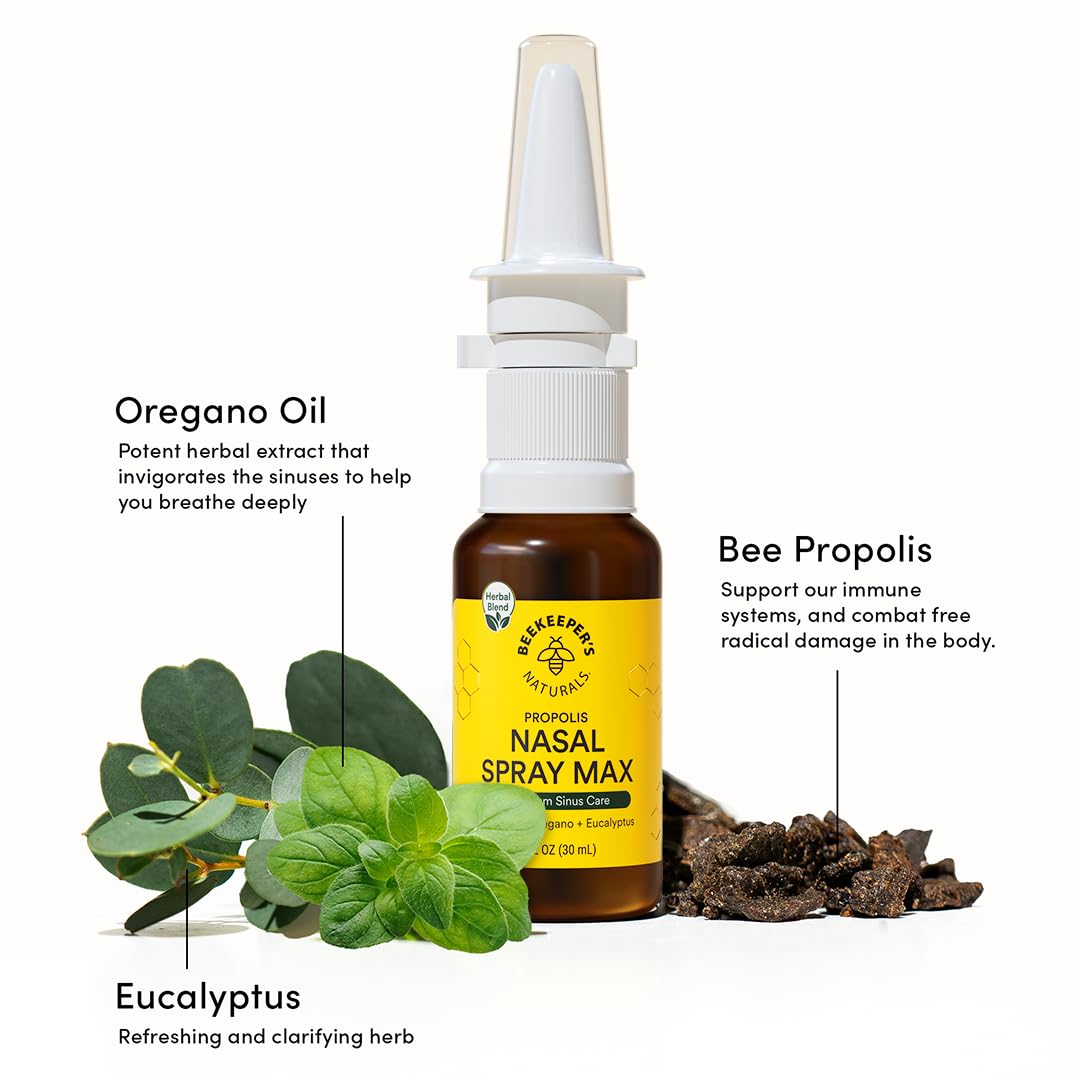 Beekeepers Naturals Propolis Nasal Rinse Spray Max, Relief for Adults w/Eucalyptus, Oregano & Saline, Clears Nasal Congestion,