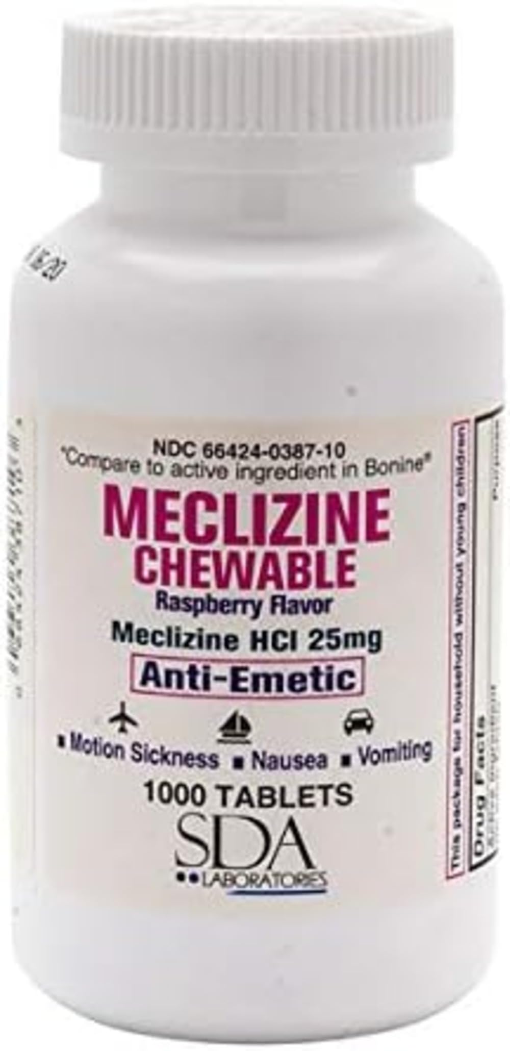 SDA LABORATORIES Meclizine Chewable Tablets, 25mg, Anti-Emetic, Raspberry Flavor, Motion Sickness & Vertigo Relief for Nausea, D