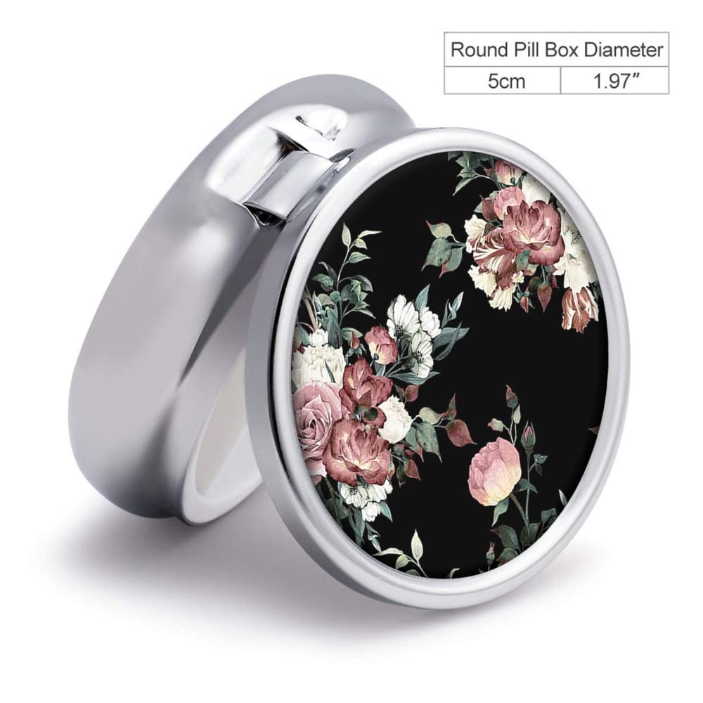 Beautiful Retro Flowers Pill Box Purse Pocket Small Round Silver Pill Case Decorative Box Metal Medicine Vitamin Pill Organizer