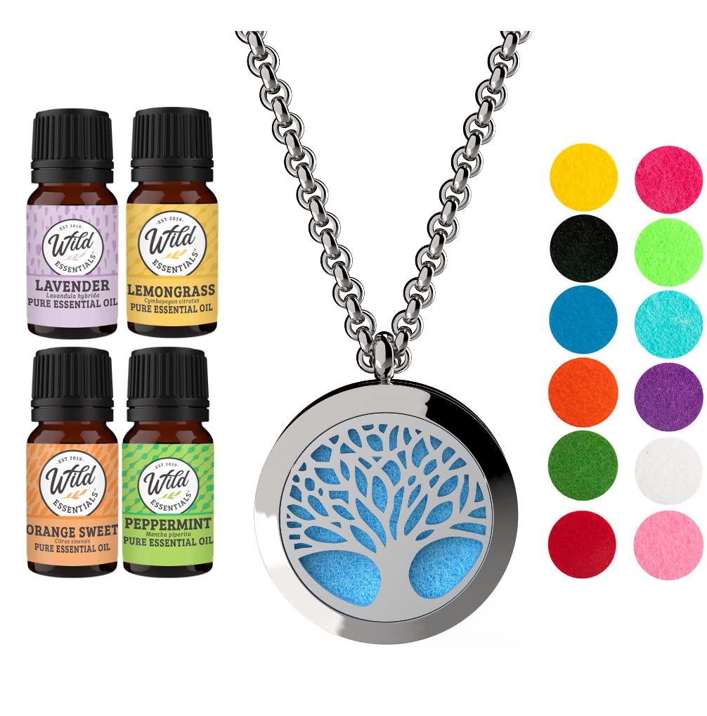 Wild Essentials Tree of Life Necklace Essential Oil Diffuser Kit With Lavender, Lemongrass, Peppermint, Orange Oils, 12 Refill P