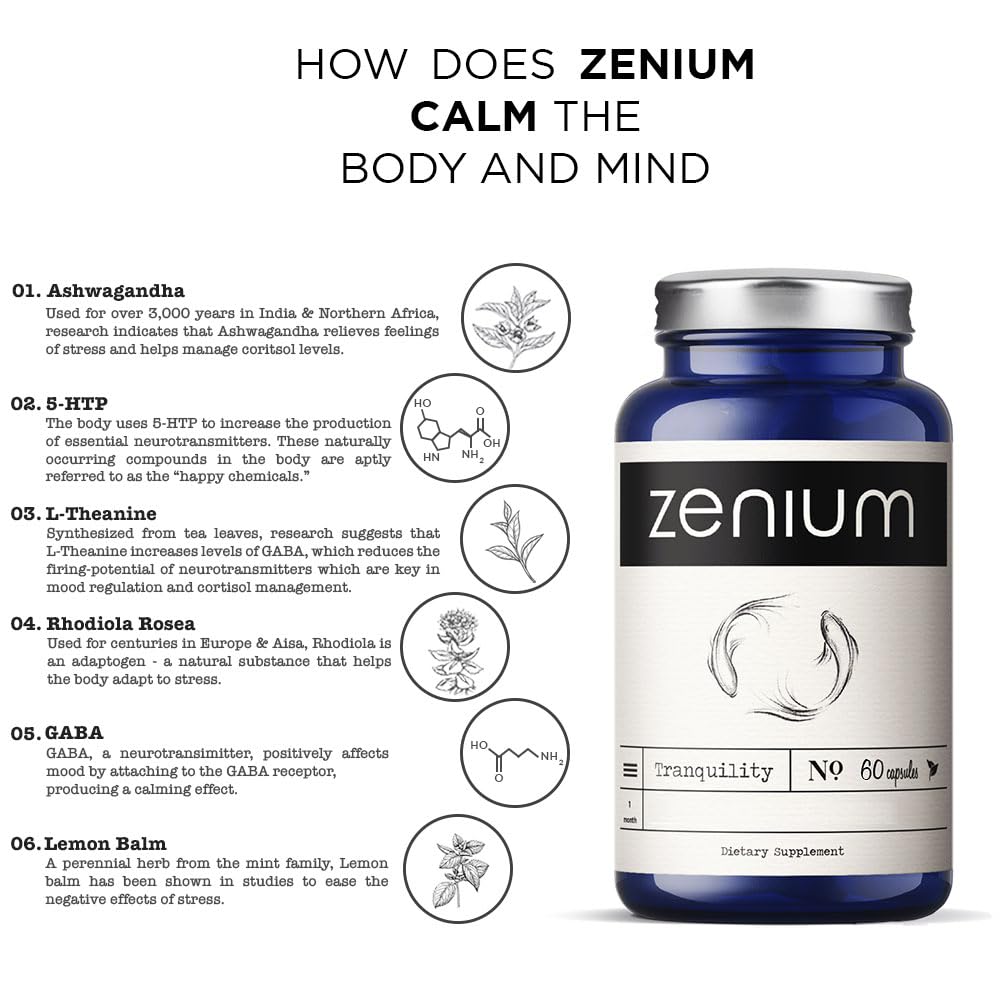 Zenium - Relieve Stress, Tension, Worry, Nervousness, & Irritability | Calm The Mind & Body | Ayurvedic | Natural Relief Supplem
