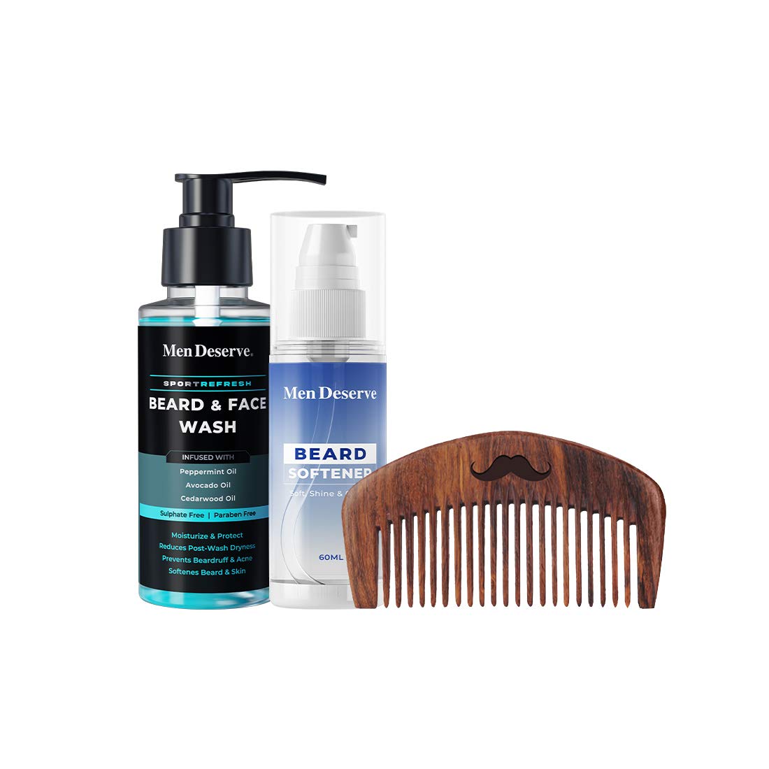 Men Deserve Beard Daily Care Combo Of Beard Softener (60Ml), Beard Wash (100Ml) And Sheesham Wooden Beard Combo