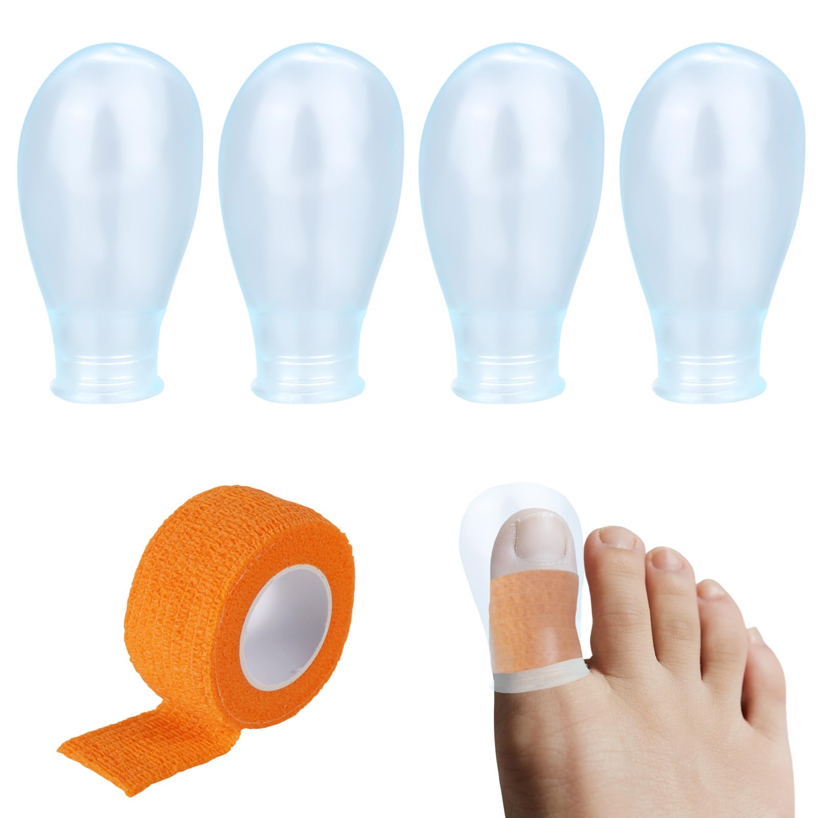 4pcs Waterproof Toe Protector, Reusable Silicone Toe Sleeve with Nursing Bandage for Shower Swimming Pedicure Manicure Nail Soak