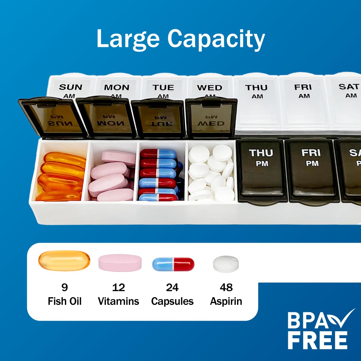 Amazon Basic Care (7-Day) AM/PM Pill Organizer, Vitamin Case, And Medicine Box, Large Compartments, 2 Times a Day, Black and Cle