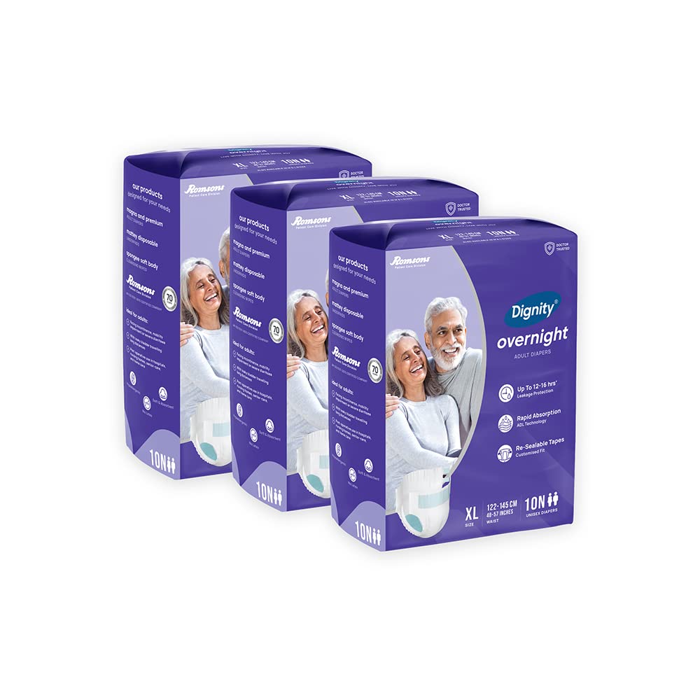 Dignity Overnight Tape Style Adult Diapers  Xl (30 Pieces) With Wetness Indicator And Leakage Protection Upto 1216 Hrs.