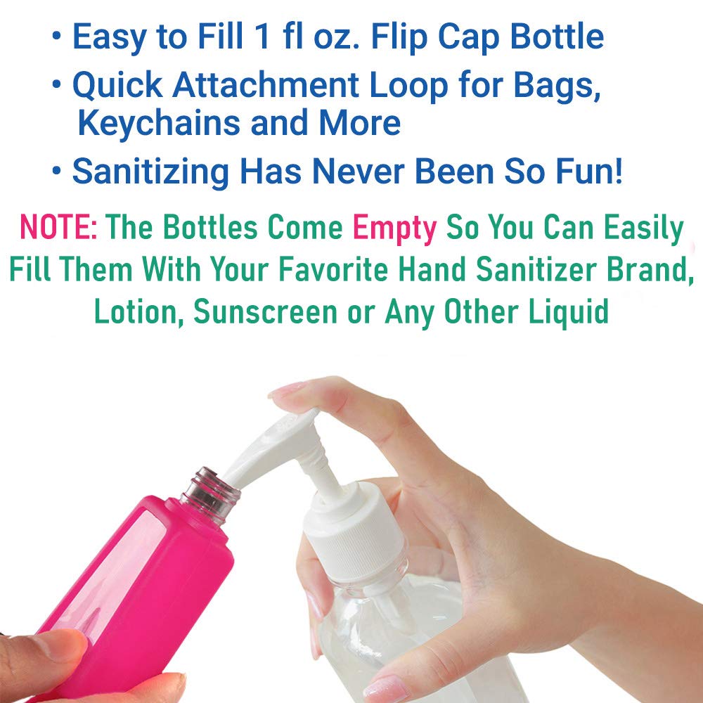 KINIA 8 Pack Empty Mixed Kids Hand Sanitizer Travel Size Holder Keychain Carrier, 8-1 fl Oz. Flip Cap Reusable Empty Portable Bo
