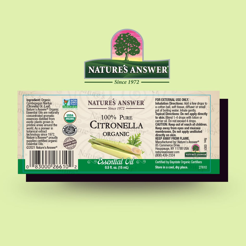 Natures Answer USDA Organic Citronella Essential Oil, 100% Pure | Natural Aromatherapy Oil for Diffuser/Humidifier, Steam Distil