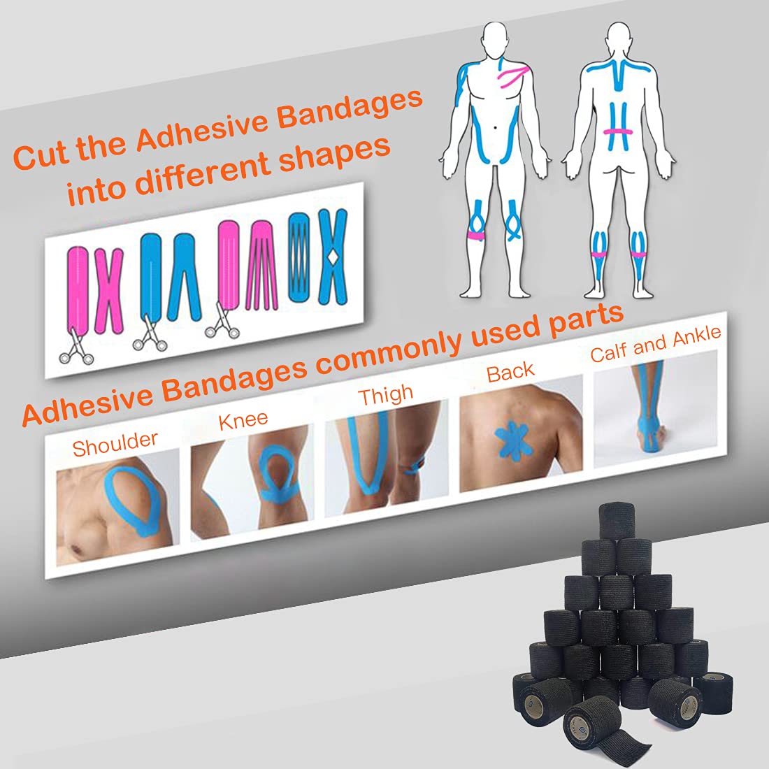 Self Adherent Cohesive Wrap Bandages 2 Inches (Black, 24 Count)