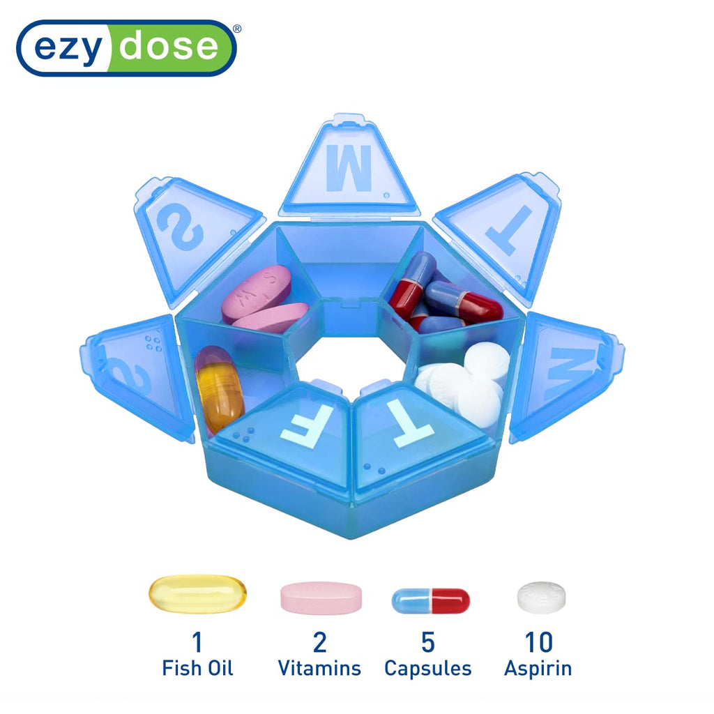 EZY DOSE Weekly (7-Day) Pill Case, Medicine Planner, Vitamin Organizer Box, Travel Pill Planner, Portable Storage, 7-Sided, Colo