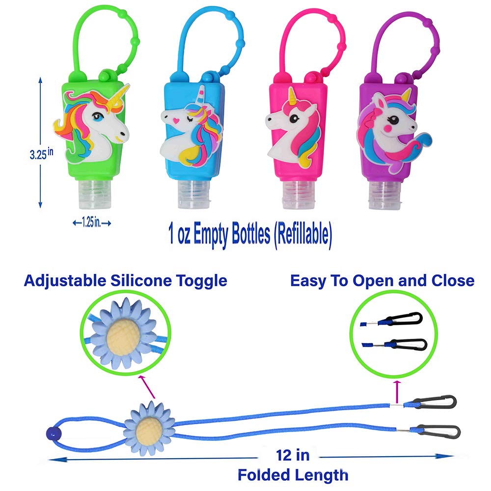 KINIA 8 PACK 4 Unicorn Empty Hand Sanitizer Refillable Containers Holder, 4-1 fl oz Flip Cap Empty Bottles + 4 Lanyards (4+4 - V