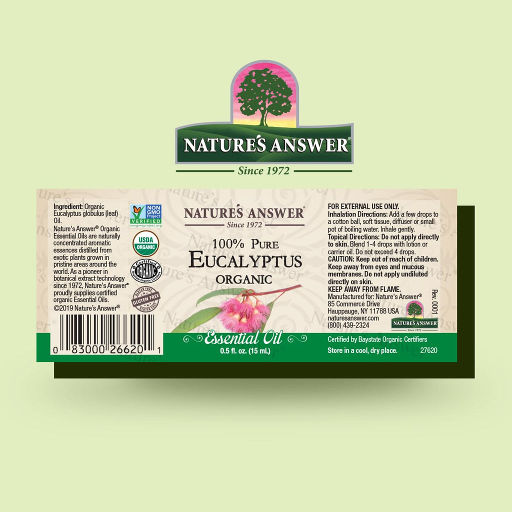Natures Answer Eucalyptus Essential Oil, USDA Organic, 100% Pure | Natural Aromatherapy Oil for Diffuser/Humidifier, Steam Disti