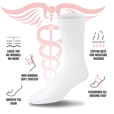 3 Pairs of Premium Cotton Loose Top Diabetic Neuropathy Crew Socks (9-11, White)