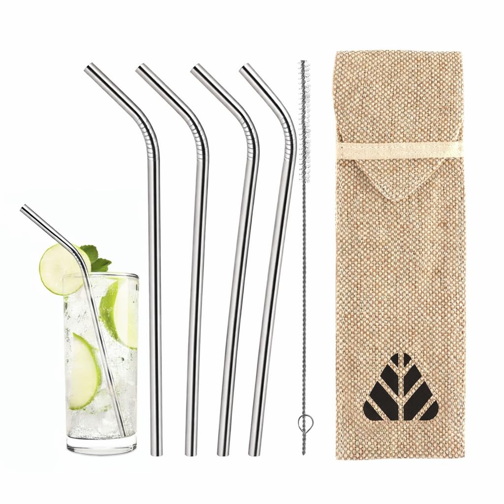 Rusabl Stainless Steel Straws (Pack Of 4, Silver) For Kids & Adult With Cleaning Brush, Reusable Metal Straws In Jute Pouch