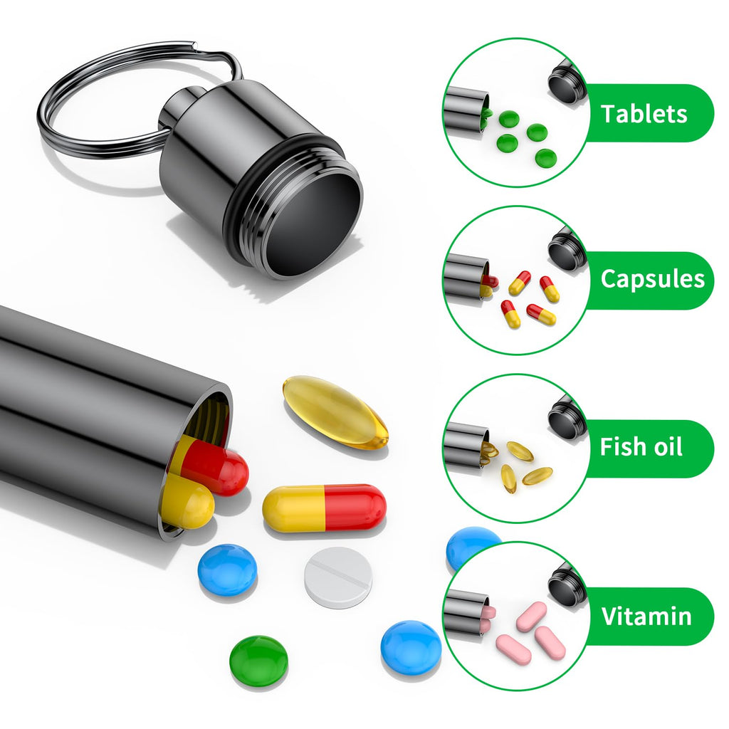 Small Pill Box,(2 Pack+2*Carabiner Clips) Keychain Pill Holder Portable Mini Travel Pill Container Metal Case Bottle with Keyrin