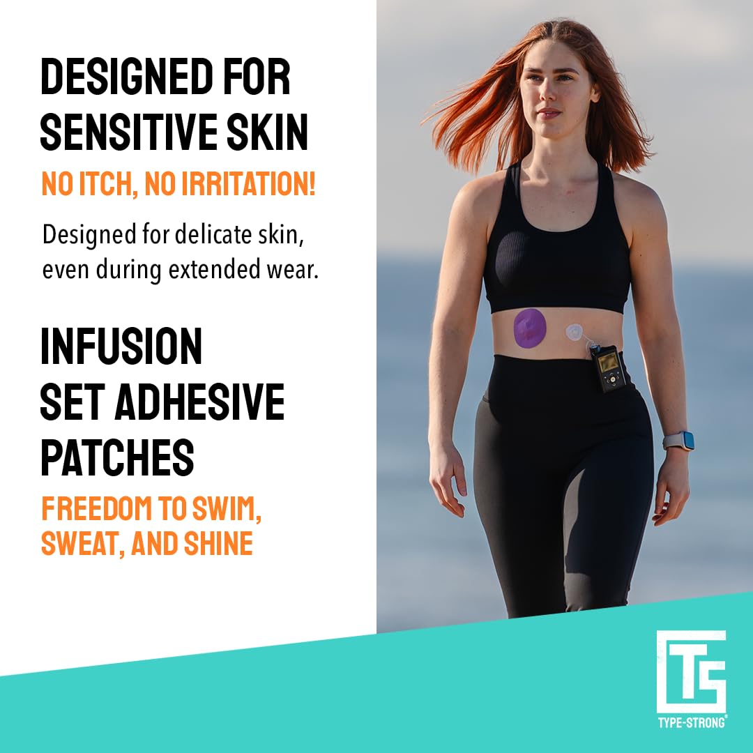 TYPE STRONG Universal Adhesive Patches for Insulin Pumps & Infusion Sets with 25mm Hole for Sensitive Skin. Sweat Proof & Waterp