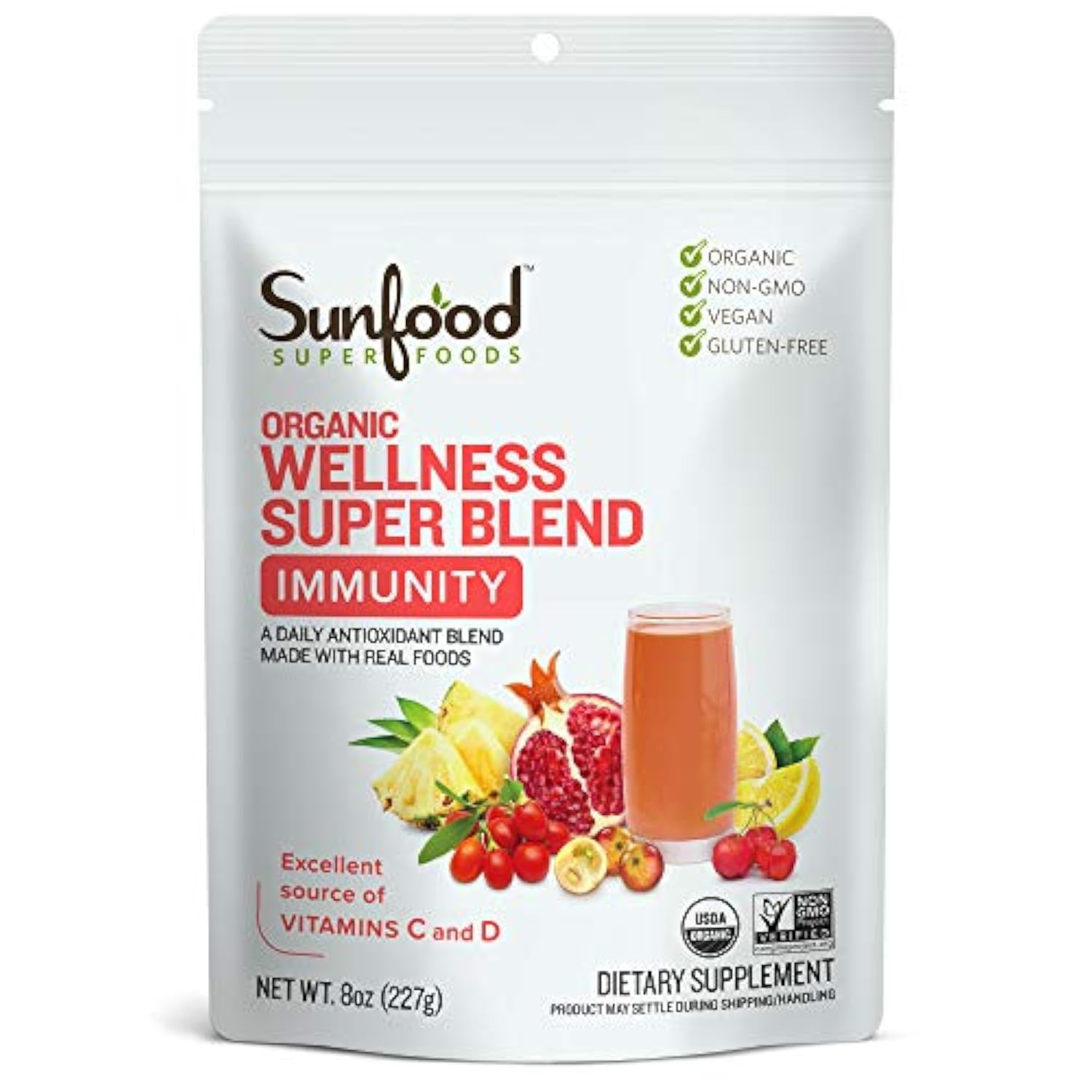 Sunfood Superfoods Organic Super Wellness Blend - Immune Support Powder, Antioxidant Superfood Smoothie Mix for Women & Men w/Vi