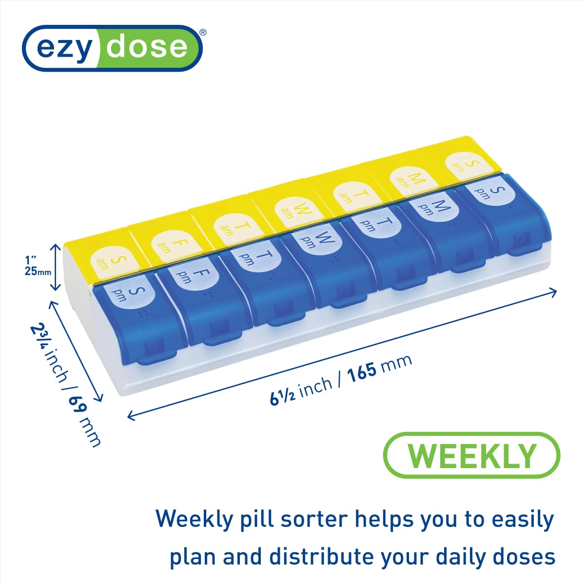 EZY DOSE Weekly (7-Day) Pill Case, Medicine Planner, Vitamin Organizer Box, Daily Planner, 2 Times a Day, AM PM, Large Compartme