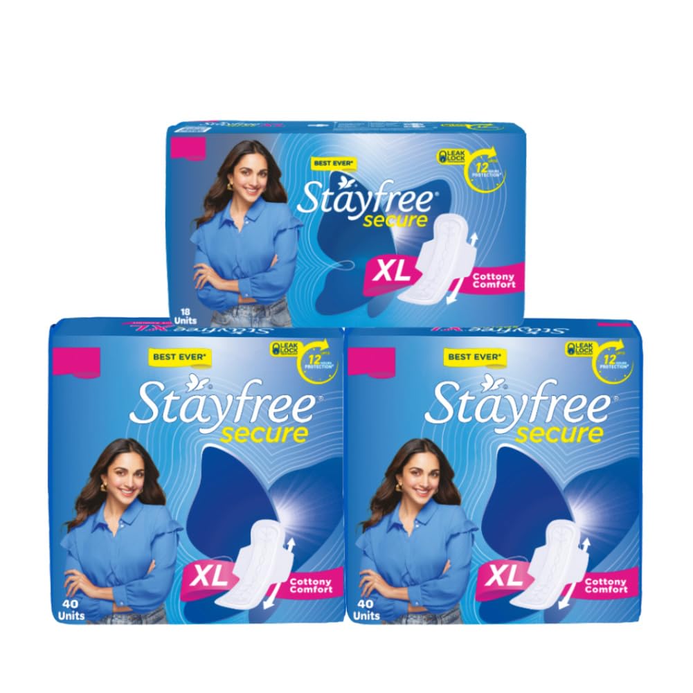 Stayfree Secure Xl | Combo Packs 98 Pads | Cottony Soft Sanitary Pads For Women | With Leak Lock Technology | Odour Control | Ab