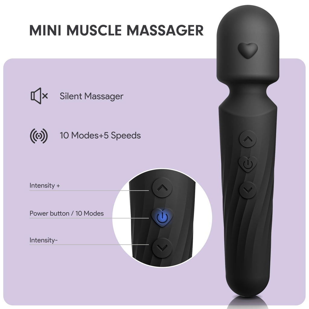 Electric Travel Massager, 10 Modes 5 Speed Powerful Silent Waterproof Handheld Neck Muscle Massage Tool (Black)