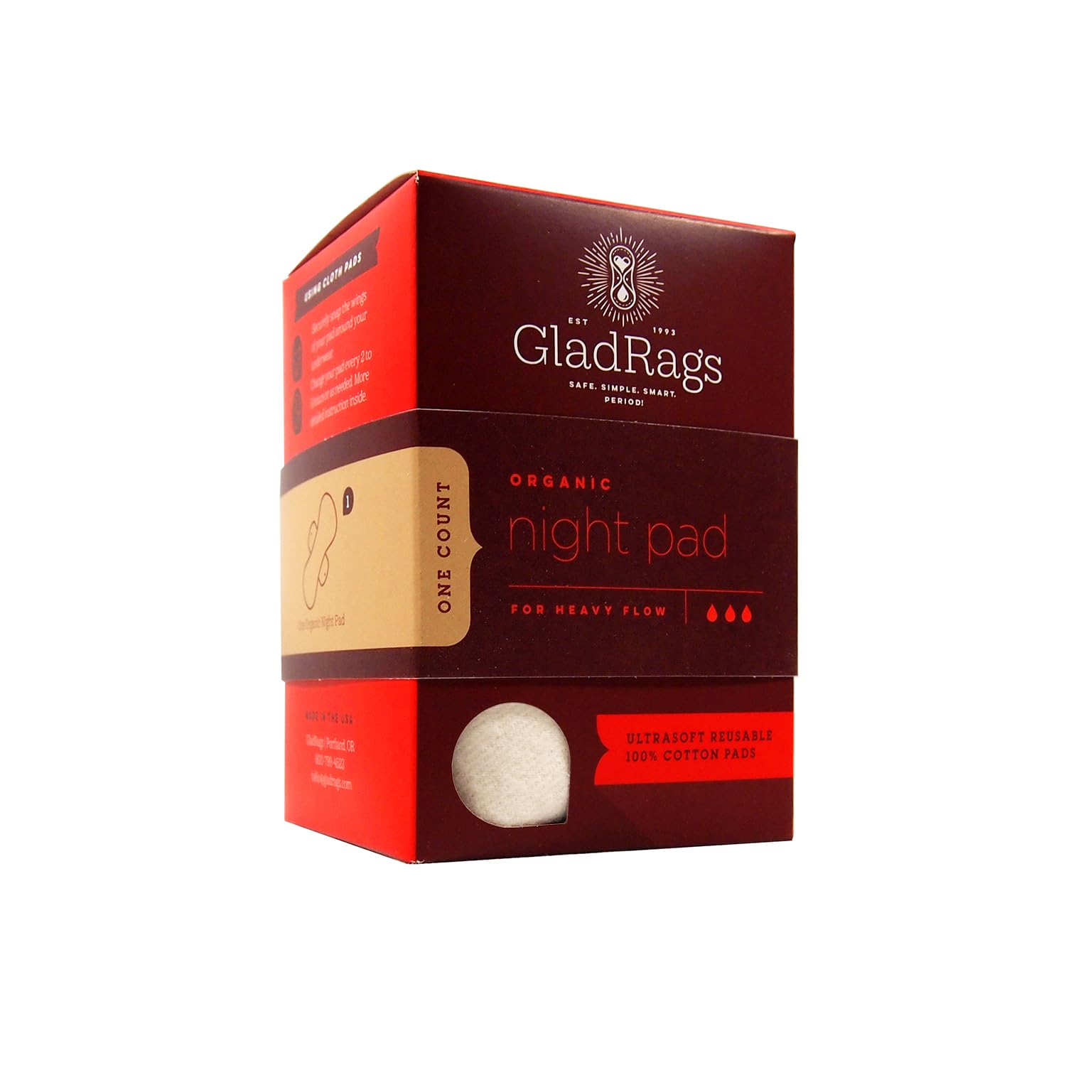 GladRags Natural Organic Undyed Cotton Reusable Night Pad (1-Pack) - 100% GOTS Certified Organic Menstrual Pad, Postpartum Pad,
