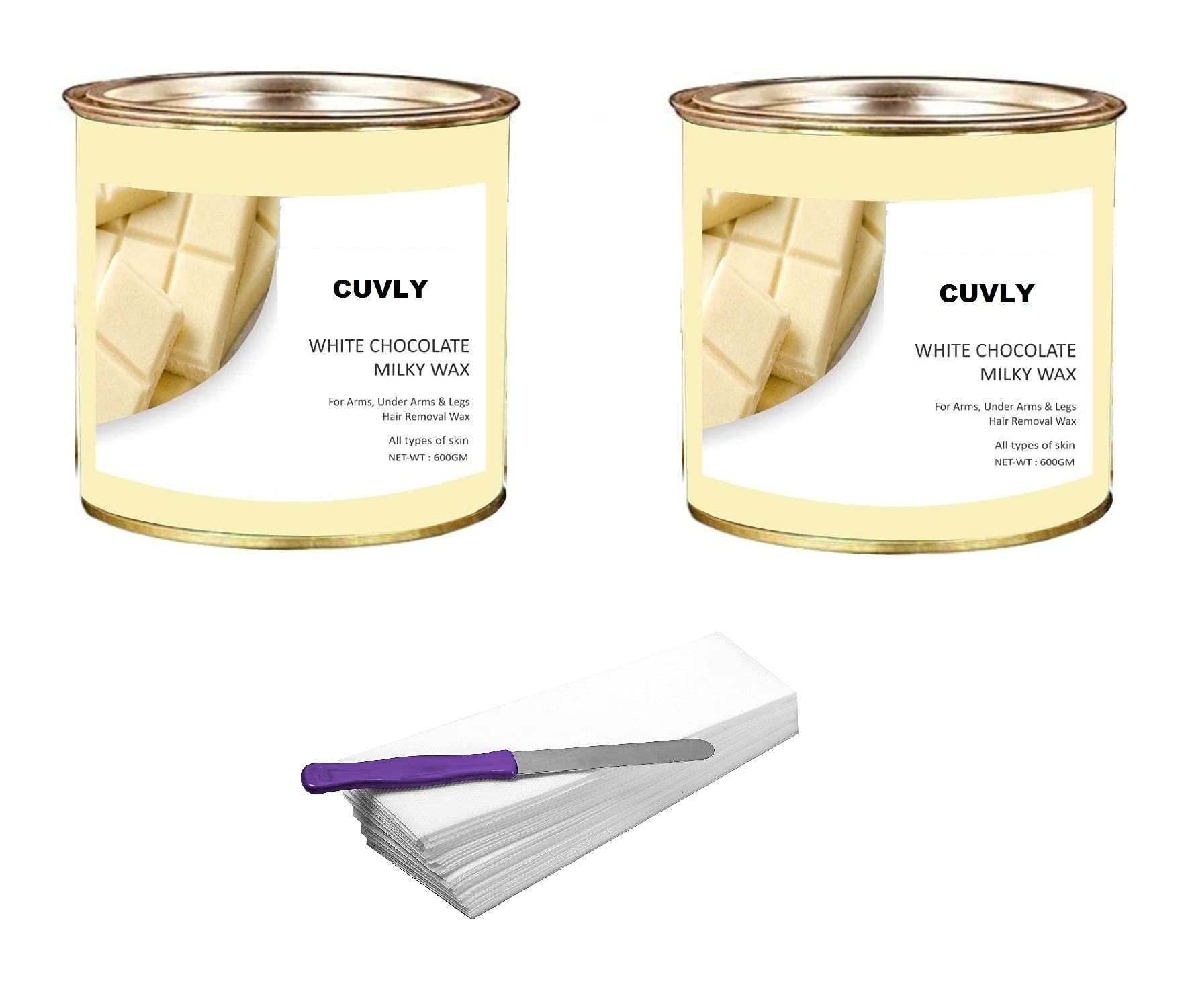 Cuvly Wax Waxing Hair Removal Wax White Chocolate 600G + 600G (Pack Of 2) Strip 70Pcs + Knife Wax Combo Kit