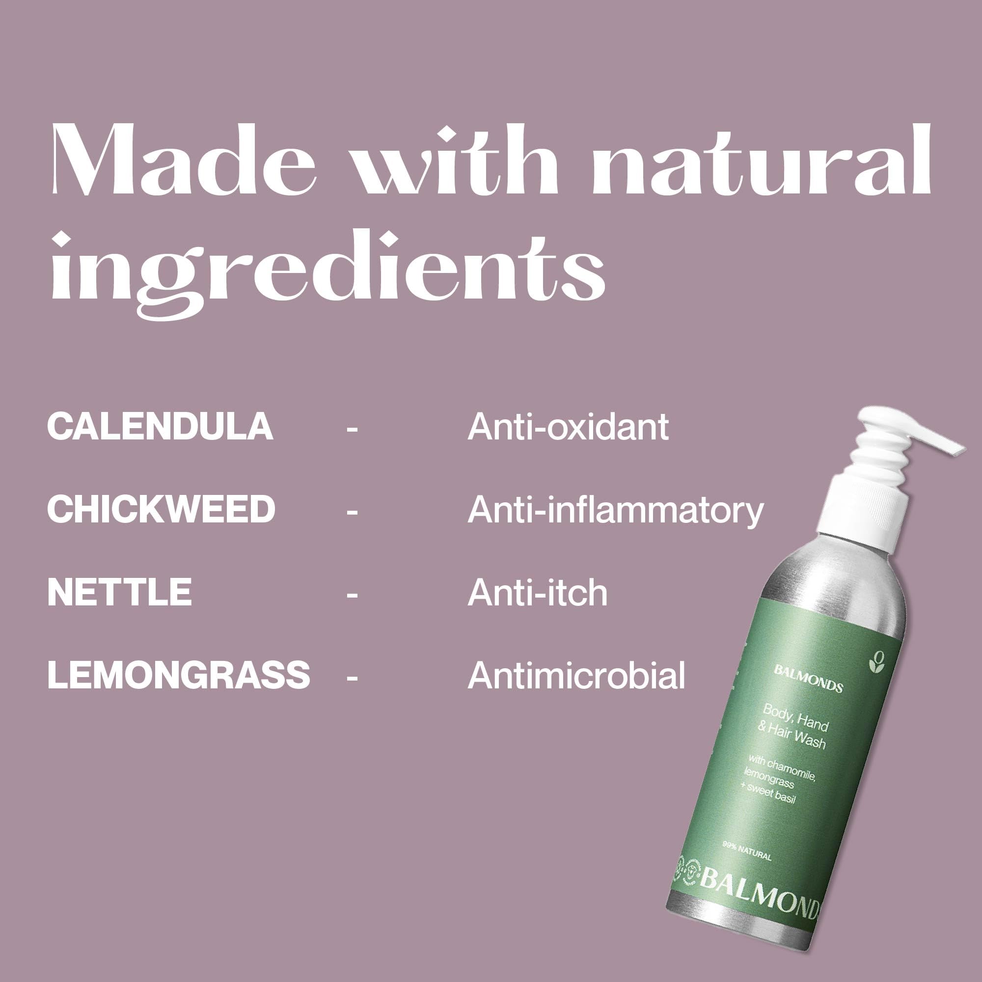 Balmonds Body, Hand & Hair Wash - 100% Natural Shampoo & Body Wash For Dry & Sensitive Skin, Soap Free, Vegan & Cruetly Free (7.